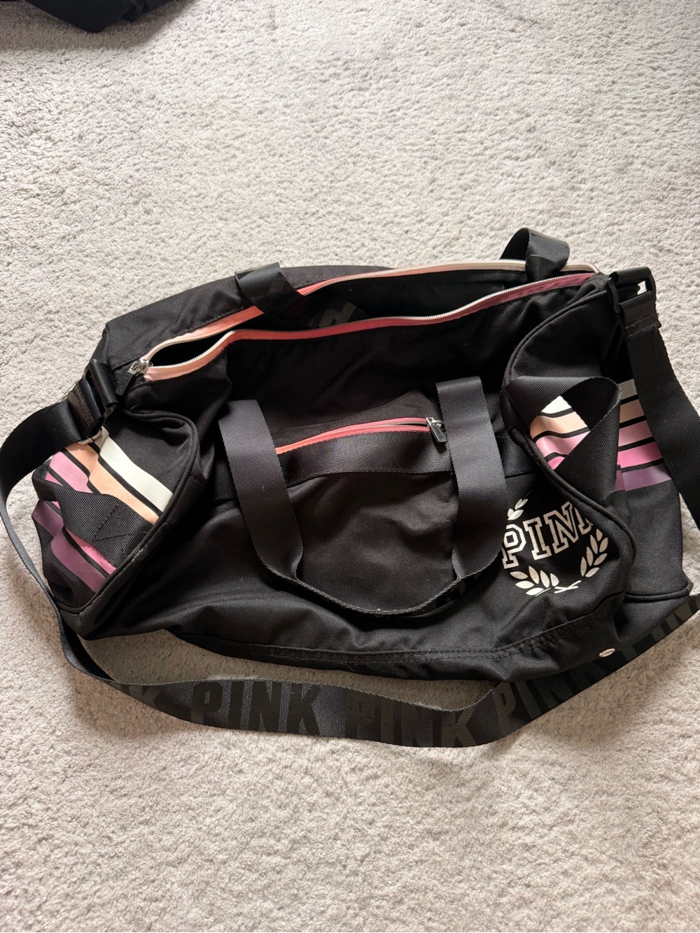 PINK Victoria's Secret Black Duffel with Pink and Cream Stripe Accents